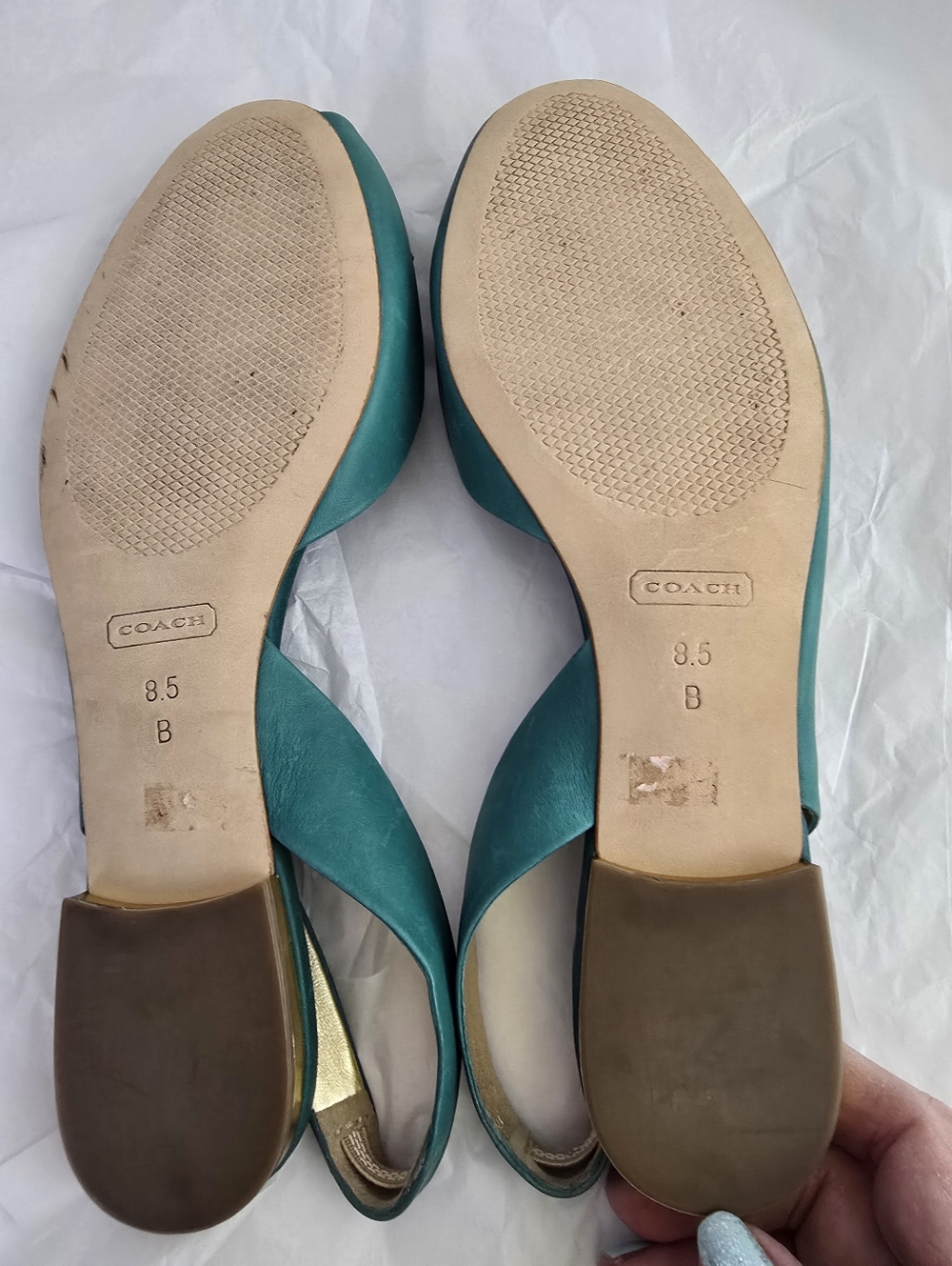COACH Est. 1941 Teal Green Leather Floral Slingback Peep Toe Heels - Sz 8.5 NWOB - Picture 4 of 11